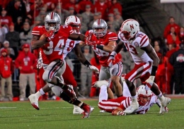 OSU junior running back Carlos Hyde runs the ball in an Oct. 6 game against Nebraska in Ohio Stadium. Hyde ran the ball for 140 yards and four touchdowns on 28 attempts. OSU won, 63-38.