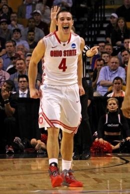 Ohio State guard Aaron Craft (4), then a sophomore, lets out a celebratory yell in the 2nd half of a Sweet 16 NCAA Basketball Championship game held at TD Garden in Boston on March 23, 2012. OSU won 81-66. 