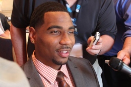 Junior quarterback Braxton Miller speaks to media at the second day of Big Ten Football Media Days at the Hilton Chicago