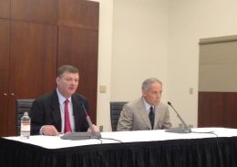 Jeffrey Wadsworth (left), chair of the OSU Presidential Search Committee, and Board of Trustees Chairman Robert Schottenstein speak about the search for a new university president at a July 19 press conference.