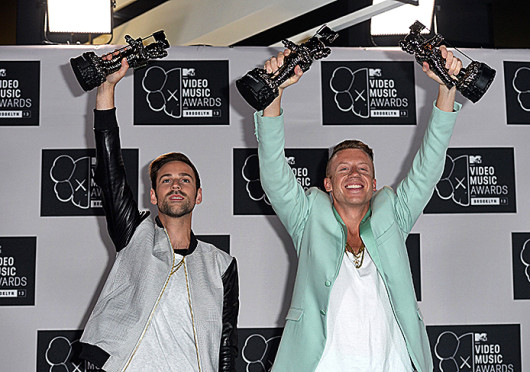 an Lewis and Macklemore win best hip-hop video and best video with a social message at the 2013 MTV Video Music Awards at The Barclay Center in New York City Aug. 25, 2013