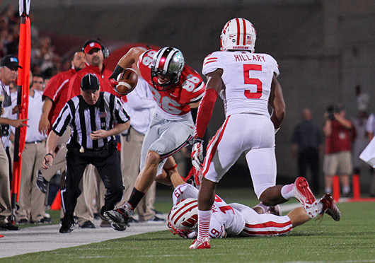 Then-junior tight end Jeff Heuerman (86) is tackled out of bounds during a game against Wisconsin Sept. 28 at Ohio Stadium. OSU won, 31-24. Lantern file photo