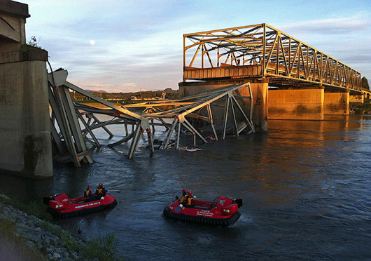 The collapsed bridge where I-5 crosses the Skagit River in Mount Vernon, Wash.,  May 23.