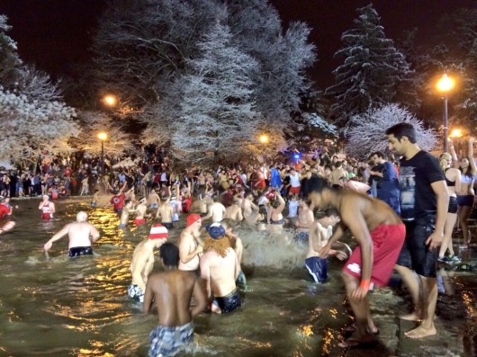 OSU fans jump into Mirror Lake Nov. 26 as part of a university tradition, though the event is not officially university-sanctioned. Credit: Liz Young / Campus editor