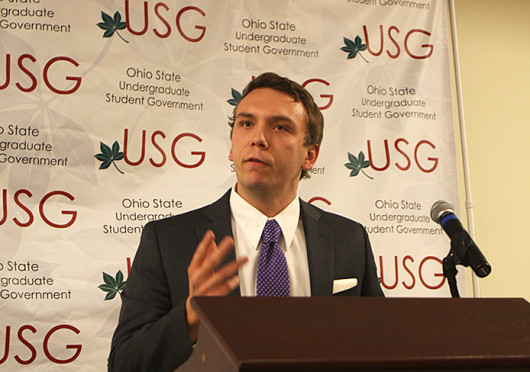 USG President Taylor Stepp gives a State of the University address Nov. 19 at the Ohio Union. Credit: Shelby Lum / Photo editor