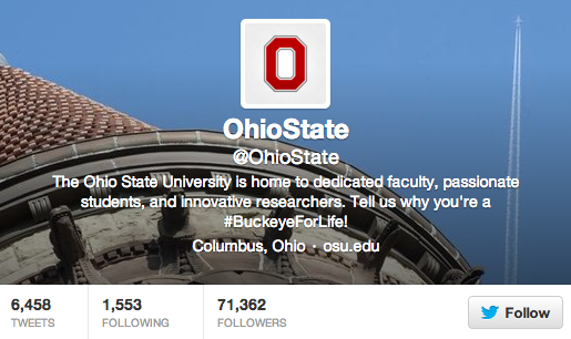 OSU was recently ranked No. 9 on the list of Top 100 Social Media Colleges, compiled by Student Advisor. Credit: Screenshot of OSU's Twitter account, @OhioState