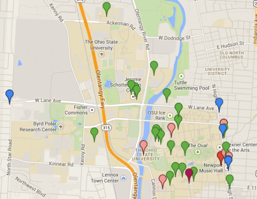 A map of campus area bank ATM and branch locations based off of the OSU-Huntington contract and the respective banks' websites.<br />Click through for an interactive version.