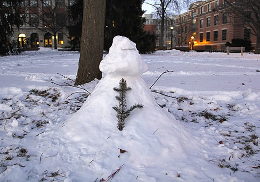 A snowman stands about 2 feet tall on the Oval Jan. 27. Credit: Shelby Lum / Photo editor