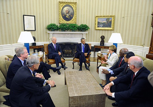 Leaders of the Democrats in the House of Representatives meet with President Barack Obama in the Oval Office of the White House on Tuesday, October 15, 2013, over the budget and government shutdown. (Olivier Douliery/Abaca Press/MCT)