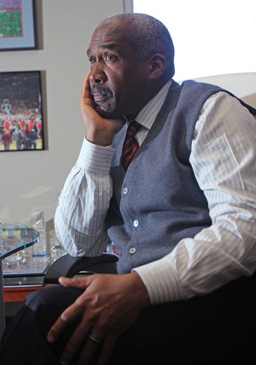 Newly promoted vice president and current athletic director of OSU Gene Smith in an interview with The Lantern. Credit: Shelby Lum / Photo editor