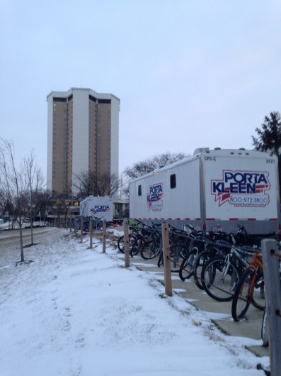 Heated, portable toilets were made available to students Jan. 22. A water main break caused OSU to shut down water service to Lincoln and Morrill Towers and the Drake Performance and Event Center that day. Credit: Daniel Bendtsen / Senior Lantern reporter