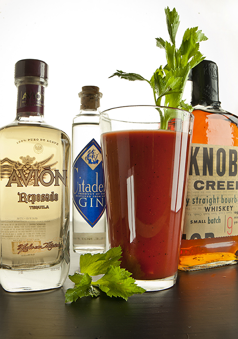 The ingredients to make a Bloody Mary, an alcoholic drink that uses tomato juice and vodka. 