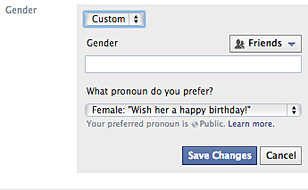 Facebook offers its users 50 options for gender now,  as well as the chance to specify which pronoun a user wishes to go by. Credit: Screenshot of Facebook