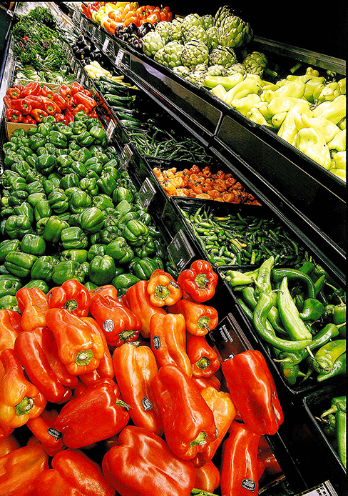 Healthy foods such as produce are found in the perimeters of grocery stores. 