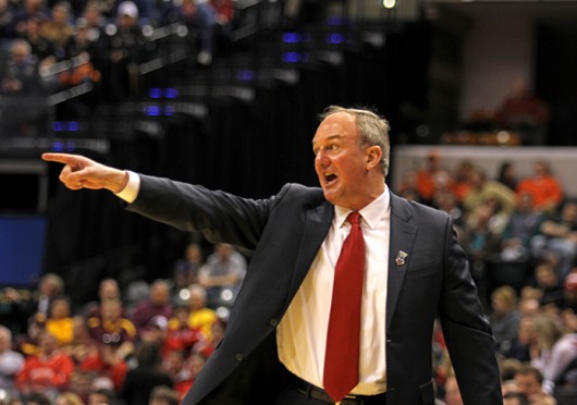 Coach Thad Matta calls to players. OSU beat Purdue, 63-61, in the first round of the Big Ten Tournament March 13 at the Bankers Life Fieldhouse. Credit: Shelby Lum / Photo editor