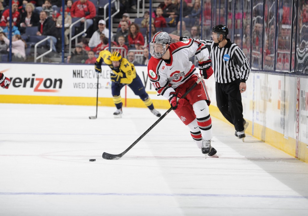 Junior forward Darik Angeli skates down the ice in a game against Michigan. OSU lost,  4-3, March 2 at Nationwide Arena. Credit: Ben Jackon / For The Lantern