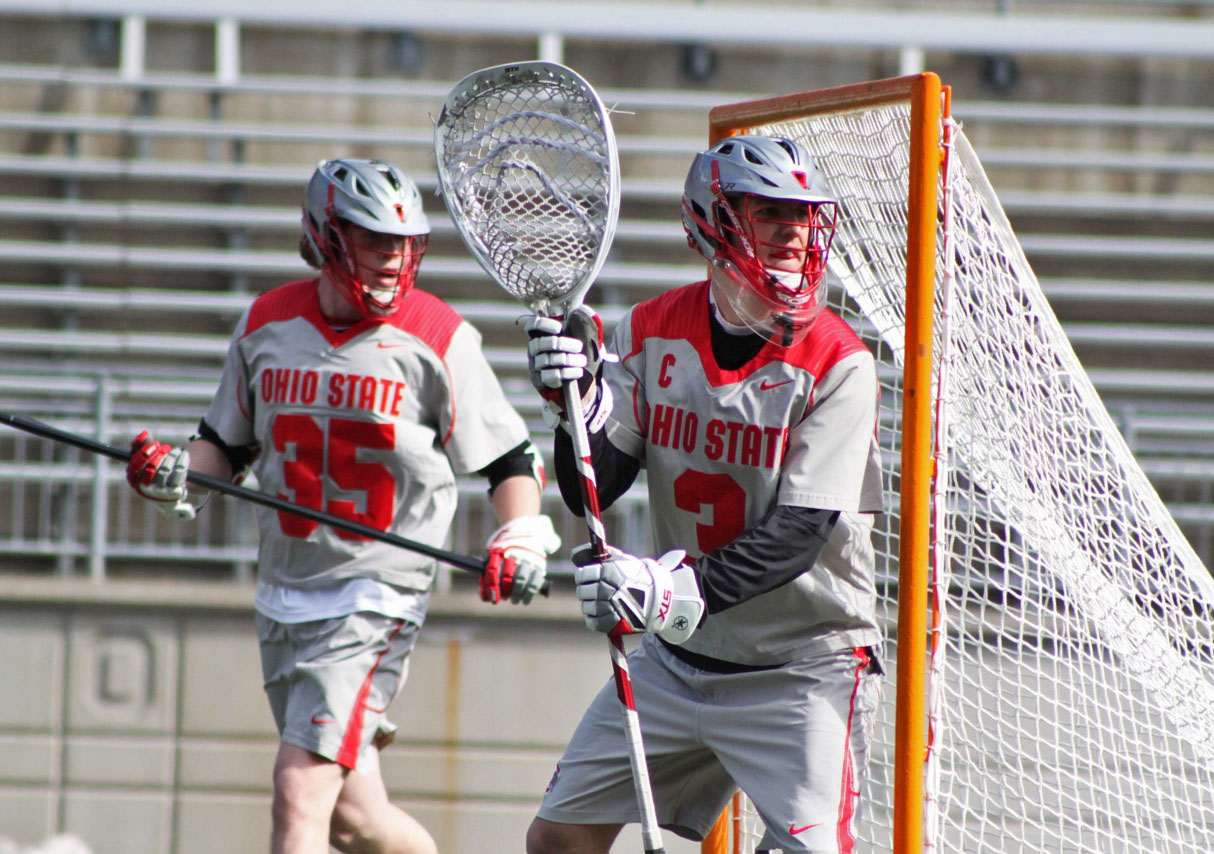 Senior goalie Greg Dutton guards the net during a game against Penn State March 1 at Jesse Owens Memorial Stadium. OSU lost, 11-8.