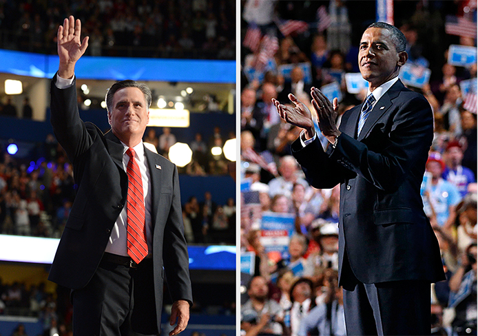 Then-republican candidate Mitt Romney (left) at the Republican National Convention in 2012. President Barack Obama at the Democratic National Convention in 2012. Credit: Courtesy of MCT