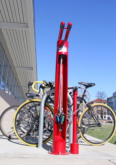A Dero Bike Fixit Stand, located outside of the RPAC, has tools for bike repair and an air pump for inflating tires. There are two additional stands on campus: at the Adventure Recreation Center and at Jesse Owens North. Credit: Ritika Shah / Asst. photo editor