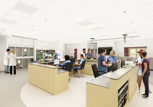 A projection of what the Veterinary Medical Center will look like after a $30M renovation set to include faculty offices, a new lobby, additional exam rooms and surgery suites. Credit: Courtesy of Melissa Weber