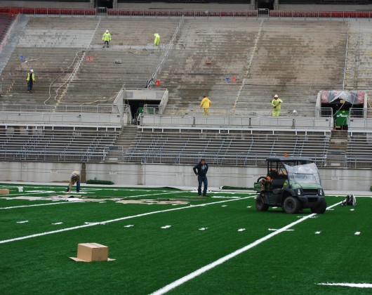 Ohio Stadium is currently undergoing a multi-million dollar renovation project that is set to see the additions of about 2,600 seats, permanent lights and new FieldTurf among other updates. Credit: Tim Moody / Sports editor