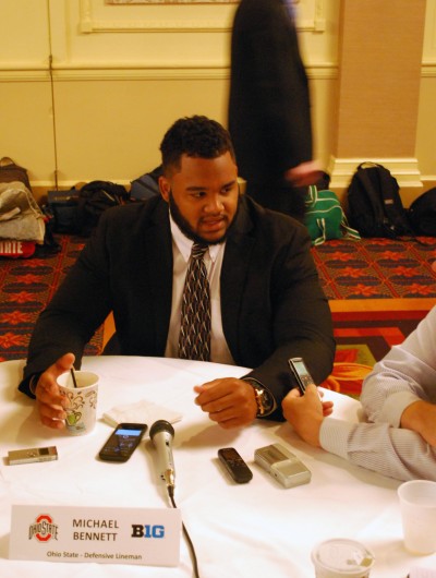 Senior defensive lineman Michael Bennett answers questions from the media during the 2014 Big Ten Media Days July 29 in Chicago. Credit: Tim Moody / Lantern sports editor