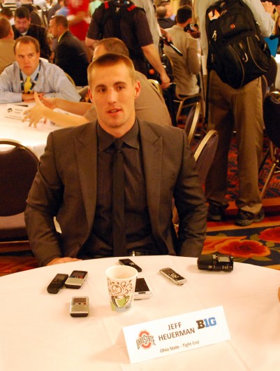 Senior tight end Jeff Heuerman answers questions from the media during the 2014 Big Ten Media Days July 29 in Chicago. Credit: Tim Moody / Lantern sports editor