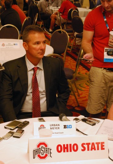OSU football coach Urban Meyer answers questions from the media at the 2014 Big Ten Media Days July 29 in Chicago. Credit: Tim Moody / Lantern sports editor