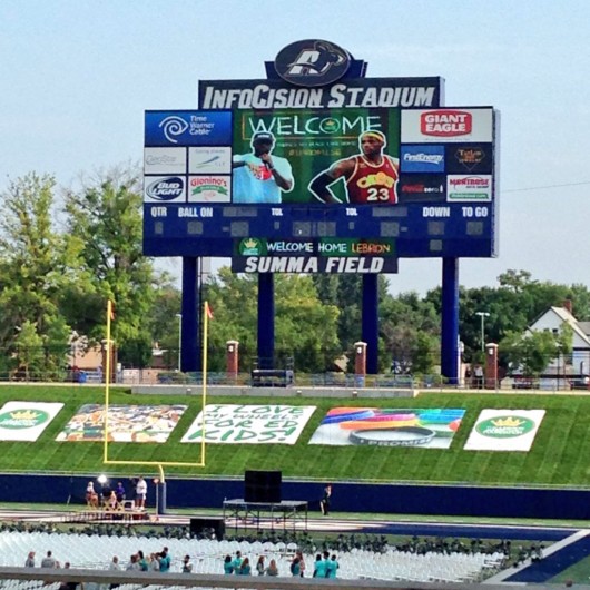 The video board and a portion of the stands at InfoCision Stadium at Akron University for LeBron James' homecoming event held Aug. 8. Credit: Hayden Grove / Lantern TV sports director