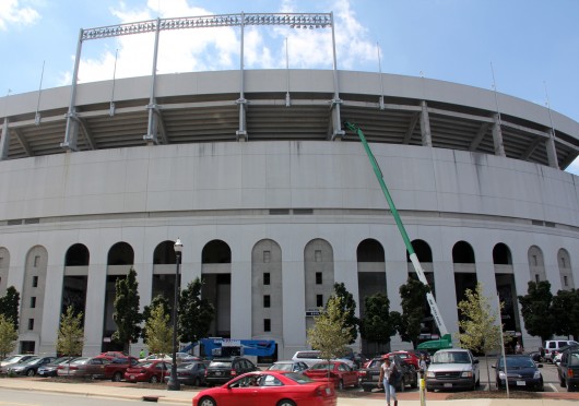 A lift stands in use outside of Ohio Stadium as part of a multi-million dollar renovation project Aug. 28. The project is set to be completed Sept. 5, the day before OSU is scheduled to play its first home football game of the year. Credit: Tim Moody / Sports editor