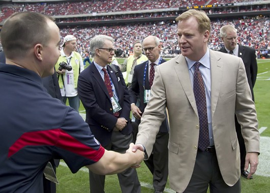 NFL Commissioner Roger Goodell greets fans on the sidelines before an AFC Wildcard game between the Houston Texans and the Cincinnati Bengals on Jan. 7, 2012, in Houston, Texas. Credit: Courtesy of MCT