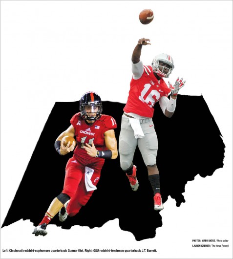 Left: Cincinnati redshirt-sophomore quarterback Gunner Kiel. Credit: Lauren Kremer / The News Record  Right: OSU redshirt-freshman quarterback J.T. Barrett. Credit: Mark Batke / Photo editor