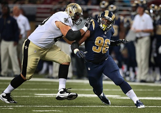 Then-New Orleans Saints tackle Thomas Welch (60) works against then-St. Louis Rams defensive end Michael Sam (96) in the first quarter during exhibition action on Friday, Aug. 8, 2014, at the Edward Jones Dome in St. Louis. The Saints won, 26-24. Credit: Courtesy of MCT