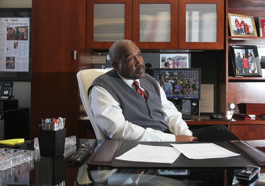 OSU vice president and athletic director Gene Smith in an interview with The Lantern on Jan. 29. Smith said in July that while he doesn’t support treating student-athletes as employees, he is in favor of covering the cost of attendance beyond just tuition. Credit: Lantern file photo