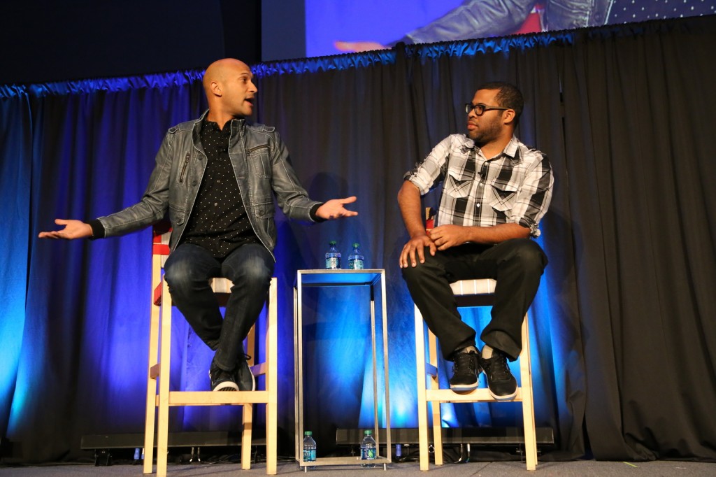 Comedians Keegan-Michael Key (left) and Jordan Peele of the Comedy Central sketch comedy show, 'Key & Peele,' talk to OSU students Oct. 10 at the Archie Griffin Ballroom. Credit: Mark Batke / Photo editor