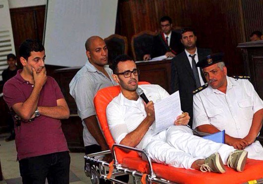 Mohamed Soltan appeared in court on May 11, 2014 and gave a speech defending his right to a fair trial and decision to protest through a hunger strike. In this photo, Soltan was on day 105 of his hunger strike and had lost 99 pounds from his original weight.