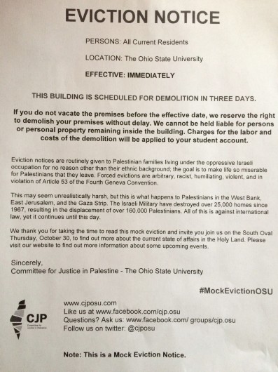 Some students living off-campus found a mock eviction notice taped to their doors on Oct. 30 by the Committee for Justice in Palestine group at OSU.  Credit: Audrey DuVall / Lantern reporter