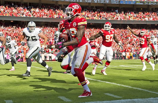 Kansas City Chiefs safety Husain Abdullah (39) returns an interception 44 yards for a touchdown against the Oakland Raiders at Arrowhead Stadium in Kansas City, Mo., on Oct. 13, 2013. The Chiefs defeated the Raiders, 24-7. Credit: Courtesy of MCT