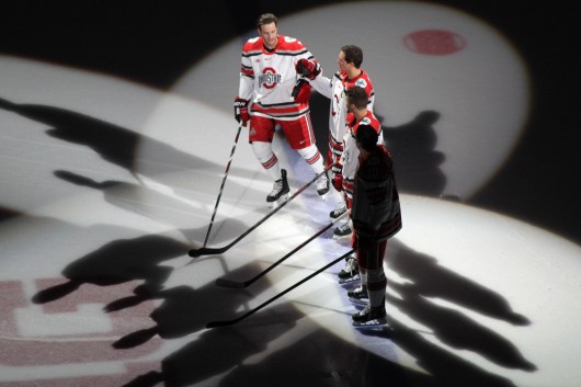 Members of the OSU men’s hockey team are introduced before an exhibition against Guelph on Oct. 4 at the Schottenstein Center. OSU won, 7-1. Credit: Melissa Prax / Lantern photographer