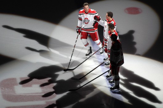 OSU players are introduced into a game against Guelph on Oct. 4 at Value City Arena. OSU won, 7-1.  Credit: Melissa Prax / Lantern photographer