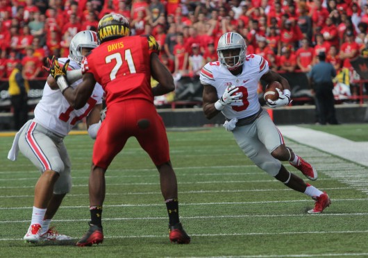 Redshirt-sophomore wide receiver Michael Thomas (3) runs the ball after a catch during a game against Maryland on Oct. 4 at Byrd Stadium in College Park, Md. OSU won, 52-24.  Credit: Mark Batke / Photo editor