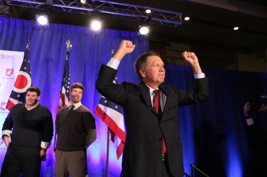 Gov. John Kasich celebrates the news of his re-election at the Franklin County Republican Election Night event on Nov. 4 at the Renaissance Columbus Downtown Hotel.  Credit: Yann Schreiber / Lantern reporter