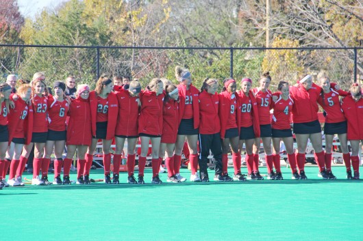 Members of the Ohio State field hockey team sing 'Carmen Ohio' after a 2-1 loss to Michigan on Nov. 2 at Buckeye Varsity Field. Credit: Grant Miller / Copy chief