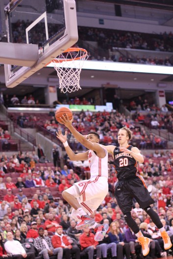 Freshman guard D'Angelo Russell (0) goes for a layup during a game against Campbell on Nov. 26 at the Schottenstein Center. OSU won, 91-64. Credit: Ed Momot / For The Lantern