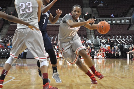 Then-sophomore guard Ameryst Alston drives to the hoop in a game against Old Dominion Nov. 22 at the Schottenstein Center. OSU won, 75-60.  Credit: Liz Young / Editor in chief