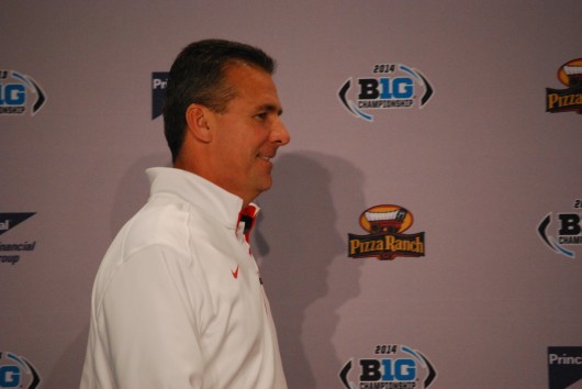 OSU coach Urban Meyer addressed the media Dec. 5 at Lucas Oil Stadium in Indianapolis a day before the Big Ten Championship Game. Credit: Tim Moody / Sports editor