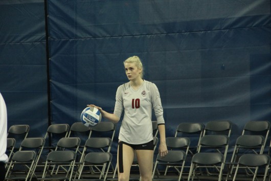 Sophomore middle blocker Taylor Sandbothe waits to serve during a game against Lipscomb on Dec. 5 in Lexington, Ky., during the 1st round of the NCAA Tournament. OSU won, 3-0. Credit: Chris Slack / Lantern photographer