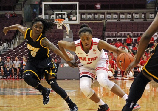 Freshman guard Kelsey Mitchell (3) drives the lane during a game against VCU on Nov. 23 at the Schottenstein Center. OSU won, 96-86. Credit: Nina Budieri / Lantern photographer