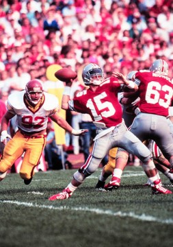 Then-redshirt-senior quarterback Greg Frey (15) throws a pass during a game against USC on Sept. 29, 1990, at Ohio Stadium. Frey was a 3-year starter for the Buckeyes. Credit: OSU athletics