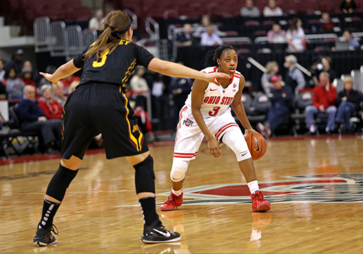 Freshman guard Kelsey Mitchell (3) dribbles the ball during a game against Minnesota on Jan. 15 at the Schottenstein Center. OSU lost, 76-72. Credit: Mark Batke / Photo editor